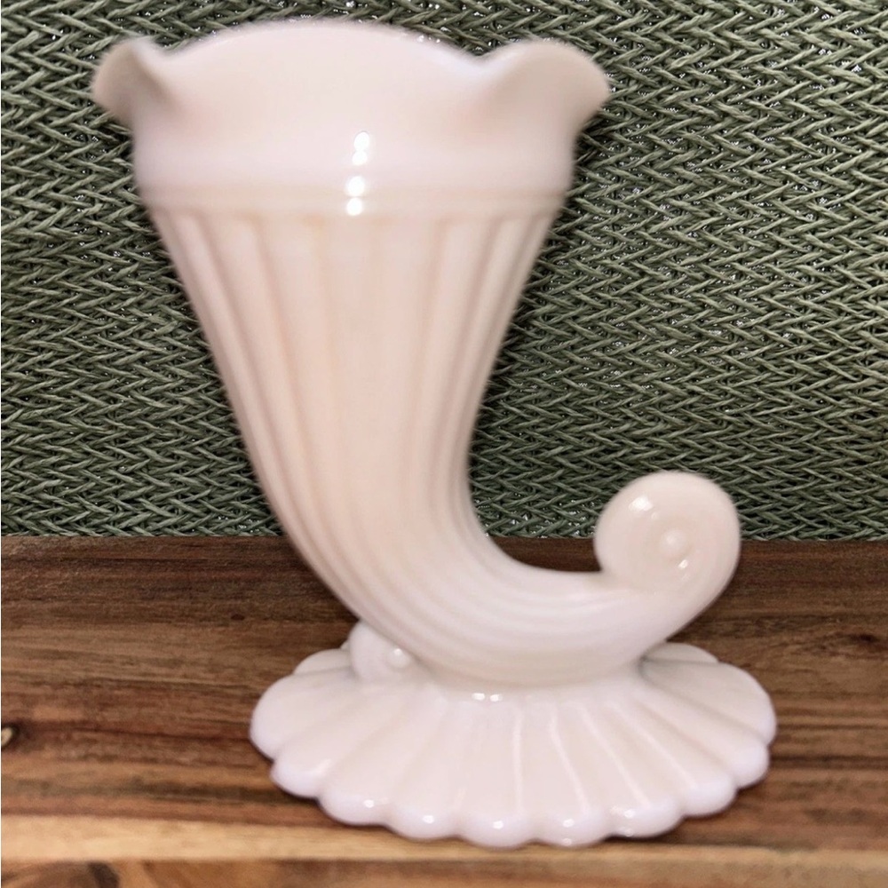 Vintage Pink Milk Glass Cornucopia Vase